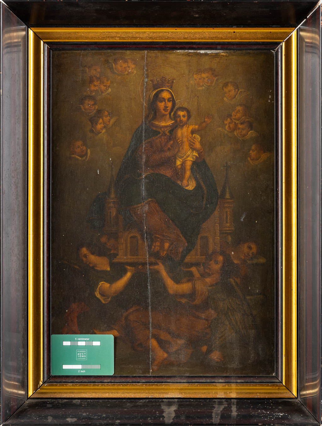 Madonna with a Child, seated on a castle supported by Angels, oil on panel. 18th C. (W:32 x H:45,5 c - Image 2 of 6