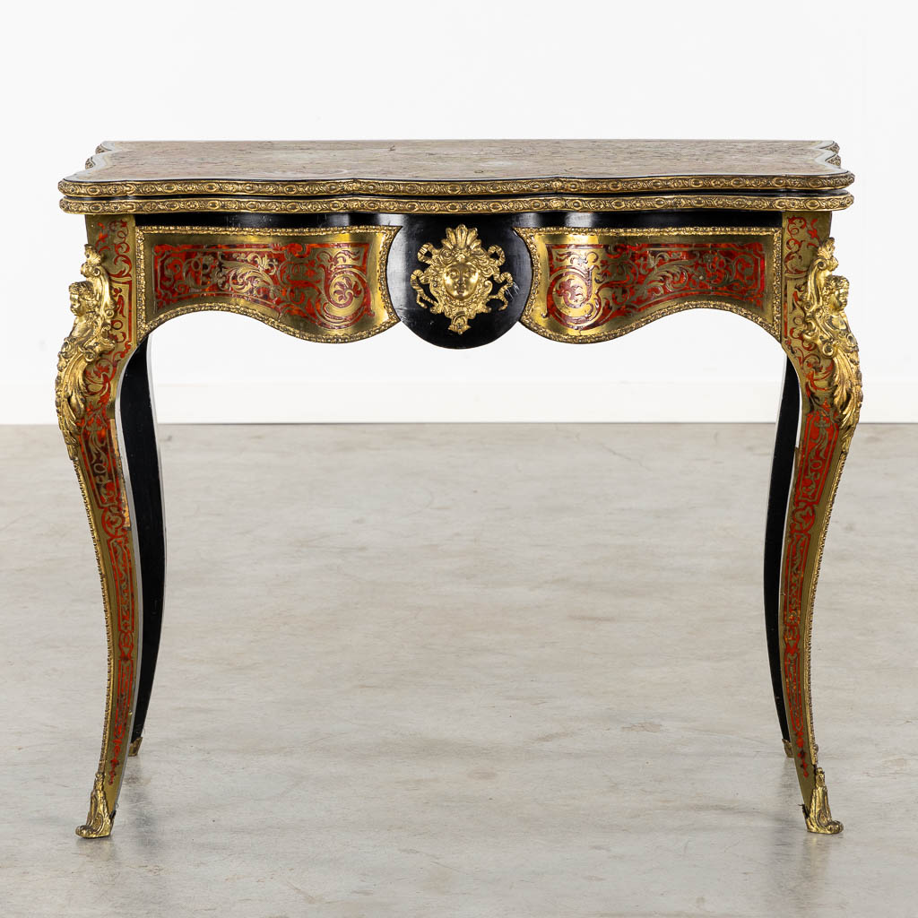 A 'Boulle inlay' card playing table mounted with gilt bronze, Napoleon 3, 19th C. (L:45 x W:87 x H:7 - Image 3 of 16