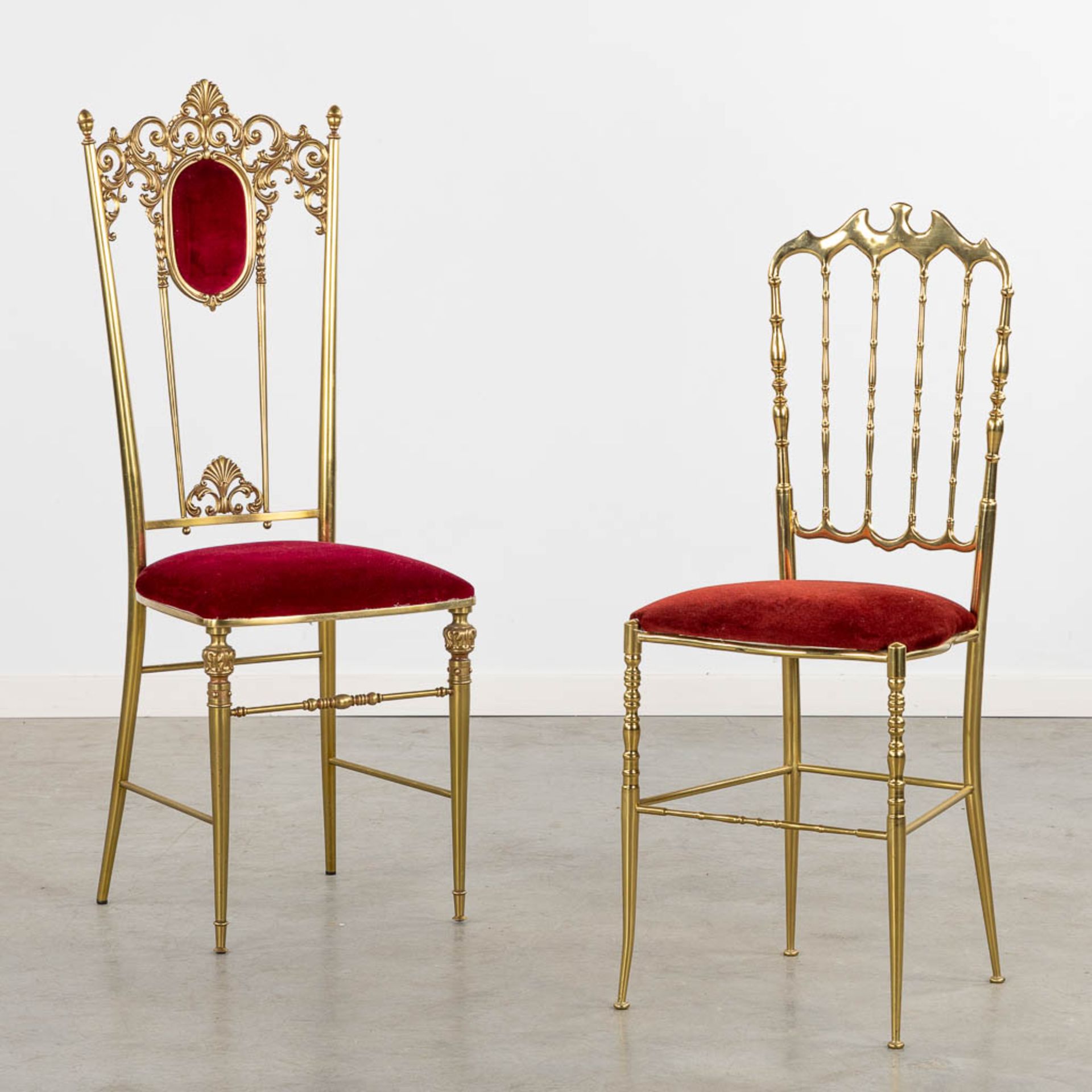 Two Metal and gilt chairs, circa 1970. (L:40 x W:40 x H:108 cm)