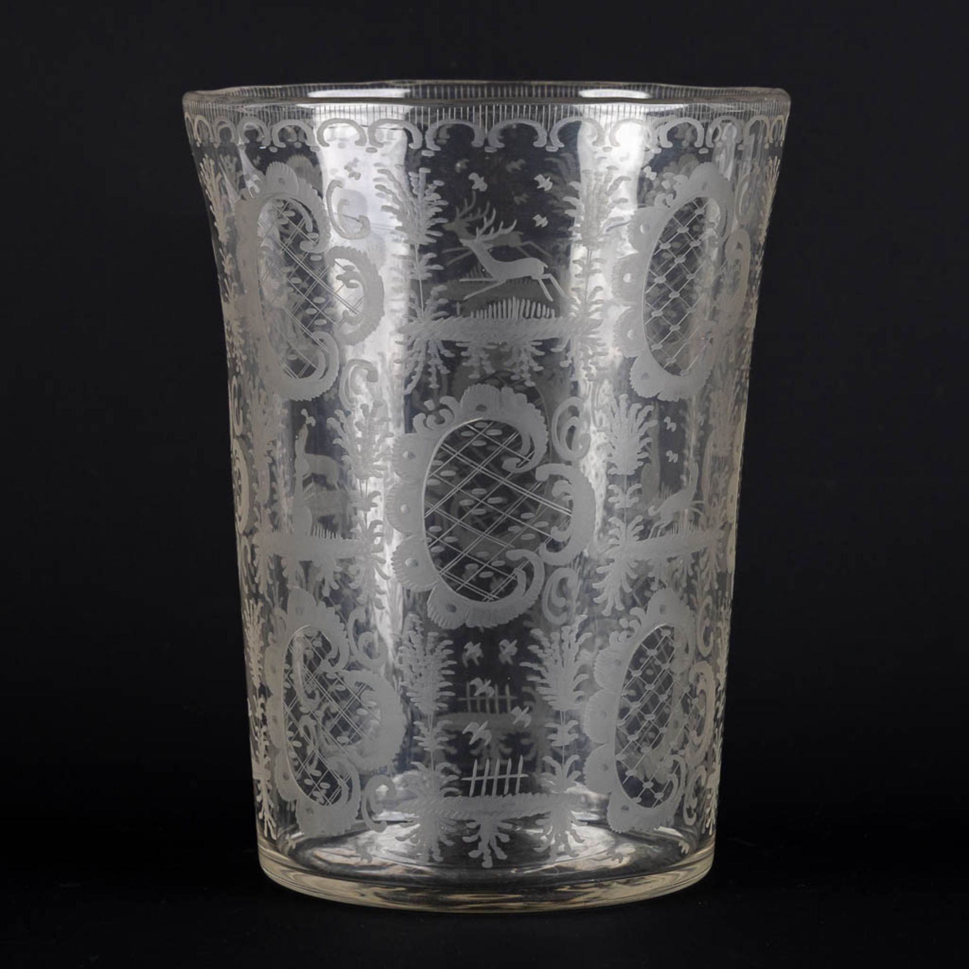 A large Bohemian, hand-made antique vase with etched fauna and flora scenes. 19th C. (H:25,5 x D:19, - Image 3 of 11
