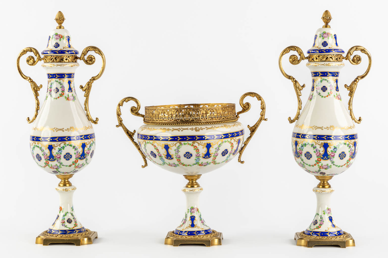 A.C.F. a three-piece mantle garniture, glazed ceramics mounted with bronze. (H:41 cm) - Image 5 of 13