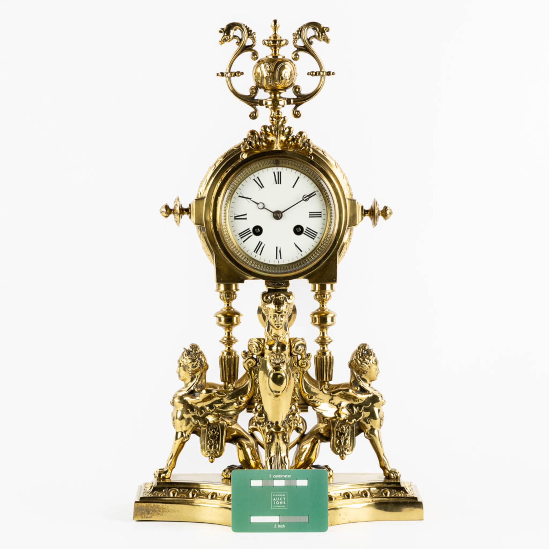 A mantle clock, polished bronze, decorated with Mythological Figures. Circa 1880. (L:15 x W:26 x H:4 - Image 2 of 12