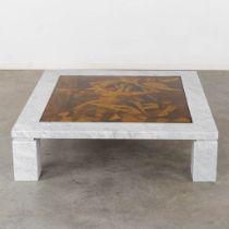An Arabescato marble coffee table, finished with a marquetry inlay decor. Circa 1980. (L:130 x W:130