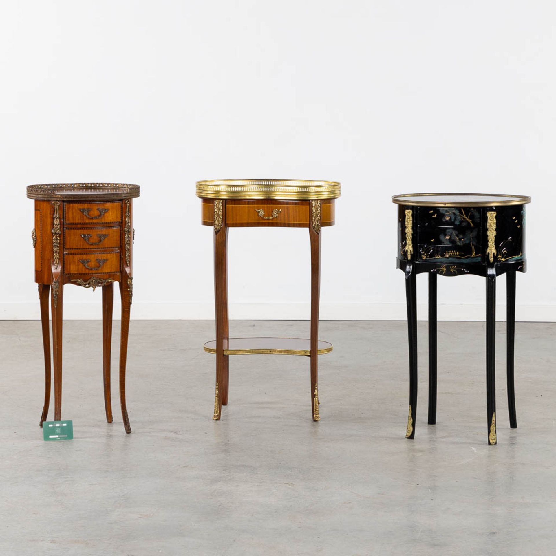 Three small side tables, marquetry and painted decor. 20th C. (L:30 x W:44 x H:71 cm) - Image 2 of 14