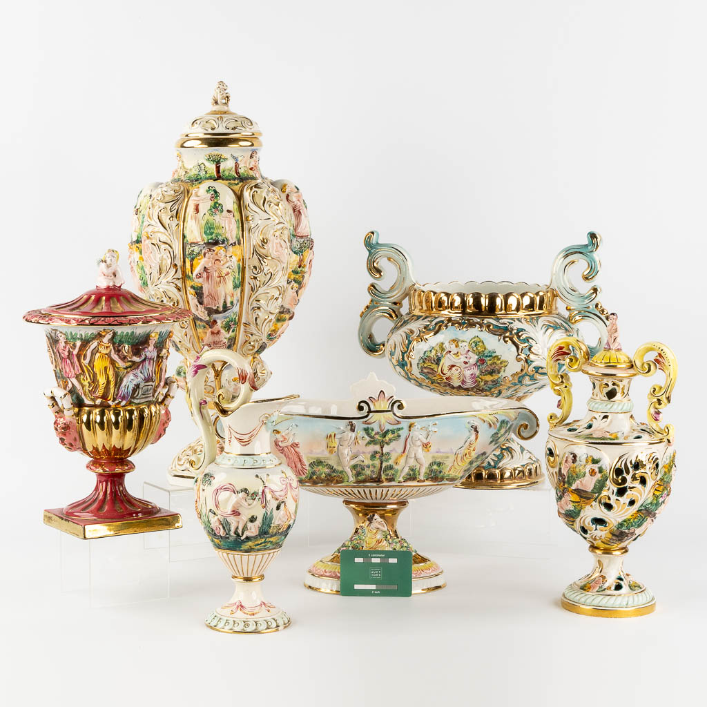 Six large bowls and vases, glazed faience, Capodimonte, Italy. (H:52 x D:23 cm) - Image 2 of 16