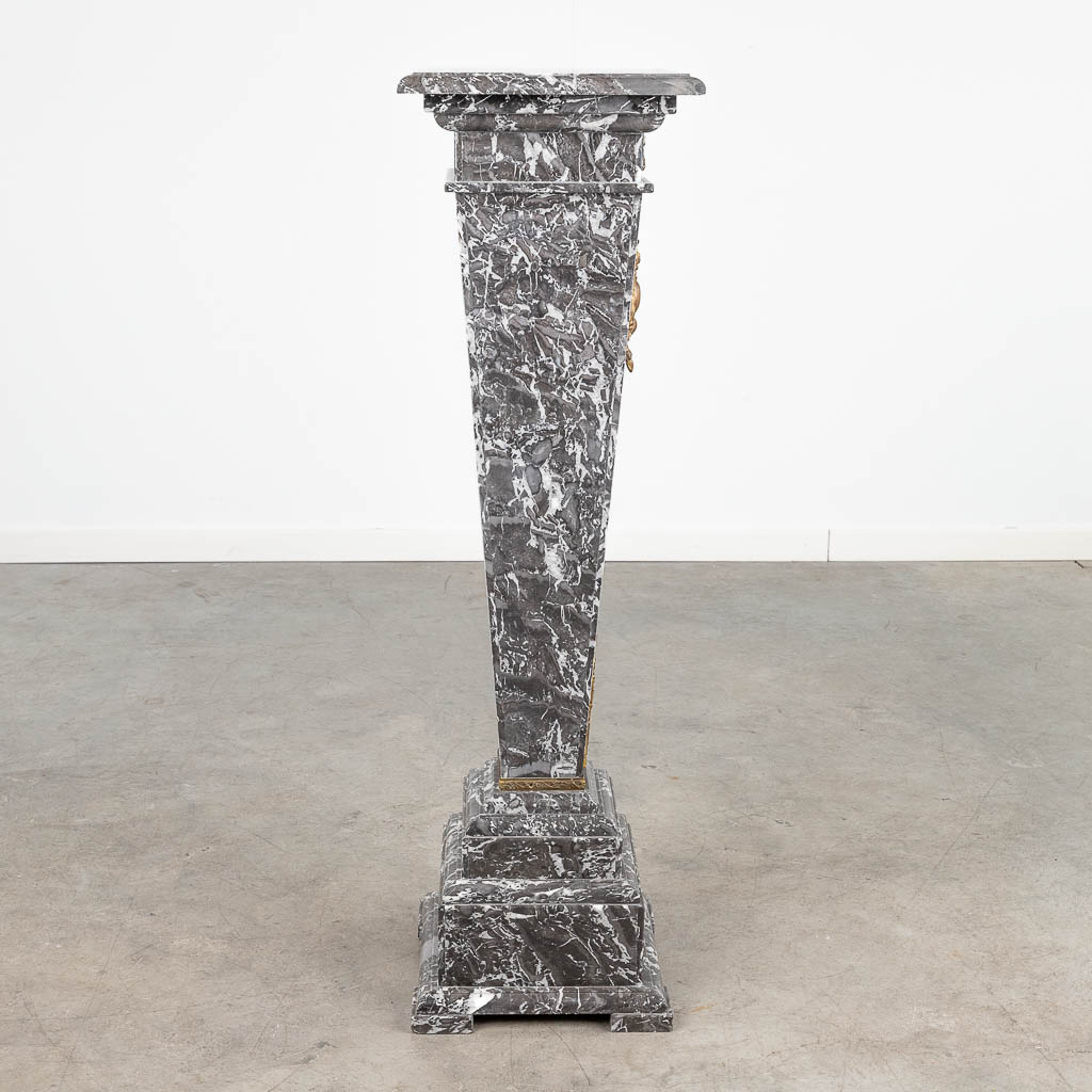 A pedestal, made of grey marble mounted with gilt bronze. (L:30 x W:30 x H:104 cm) - Image 4 of 11