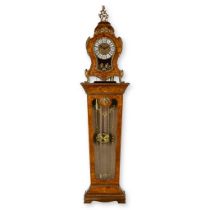 A cartel clock on a pedestal, Westminster movement, marquetry inlay and mounted with bronze. (L:29 x