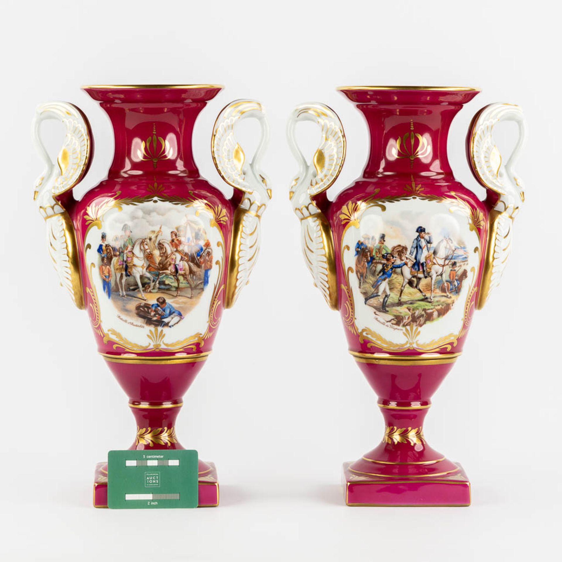 Porcelaine De Couleuvre, a pair of vases decor 'Napoleon', Empire style. (L:17 x W:25 x H:40 cm) - Image 2 of 13