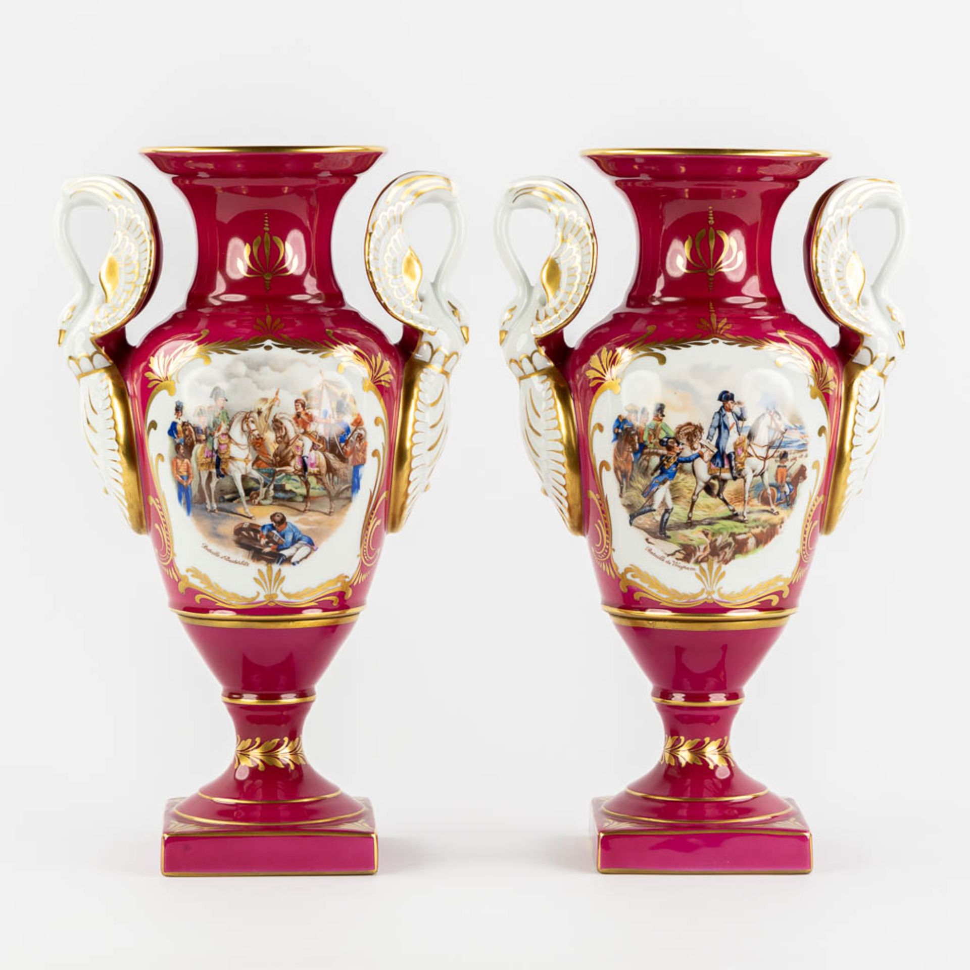 Porcelaine De Couleuvre, a pair of vases decor 'Napoleon', Empire style. (L:17 x W:25 x H:40 cm)