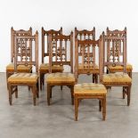 8 Gothic Revival style chairs, sculptured wood. Circa 1900. (L:54 x W:48 x H:123 cm)