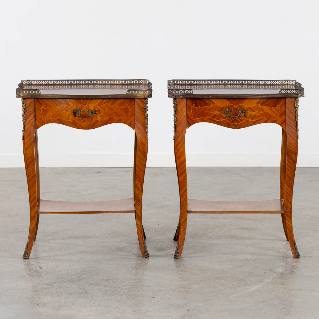 A pair of side tables, marquetry inlay and mounted with bronze. (L:37 x W:51 x H:65 cm) - Image 4 of 13