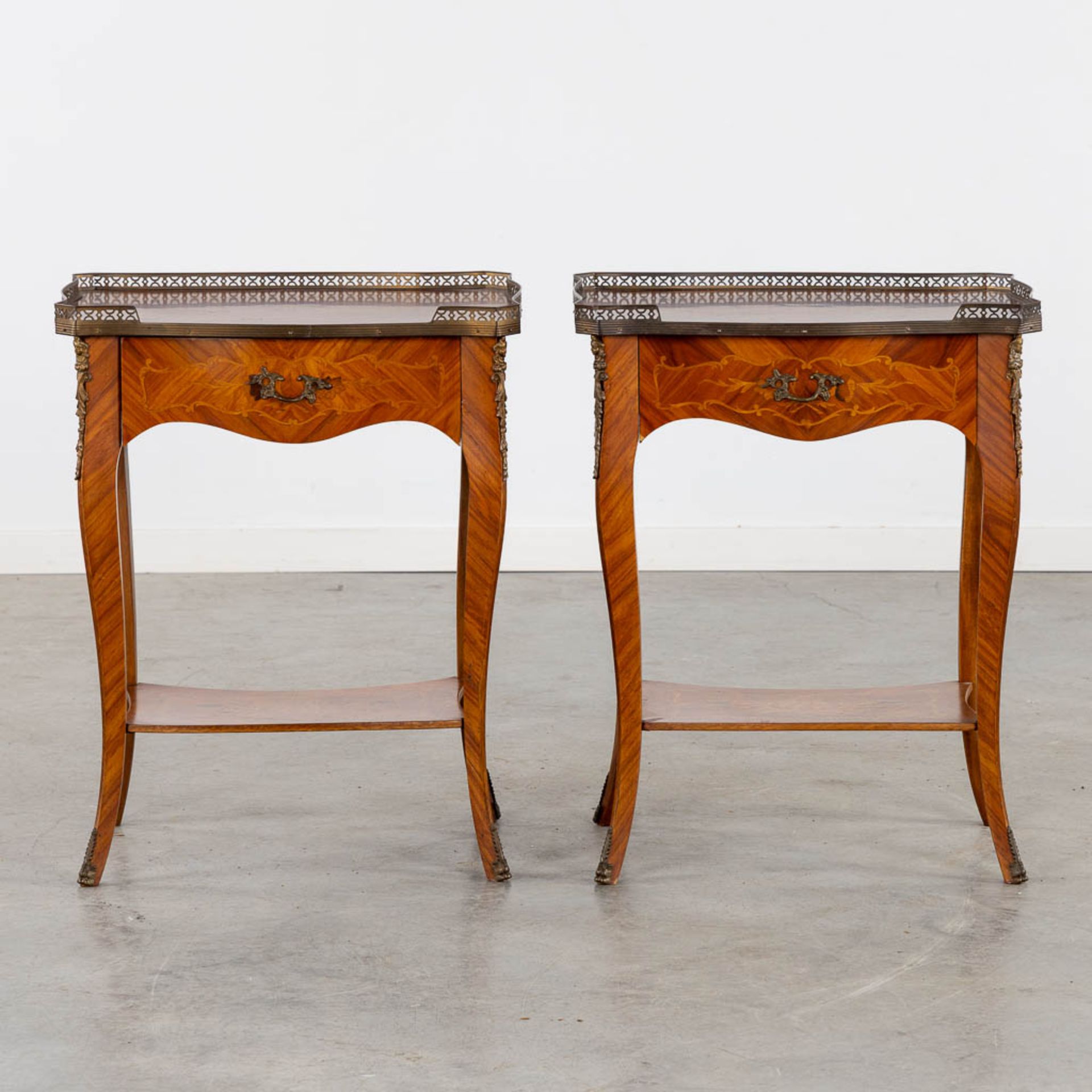 A pair of side tables, marquetry inlay and mounted with bronze. (L:37 x W:51 x H:65 cm) - Image 4 of 13