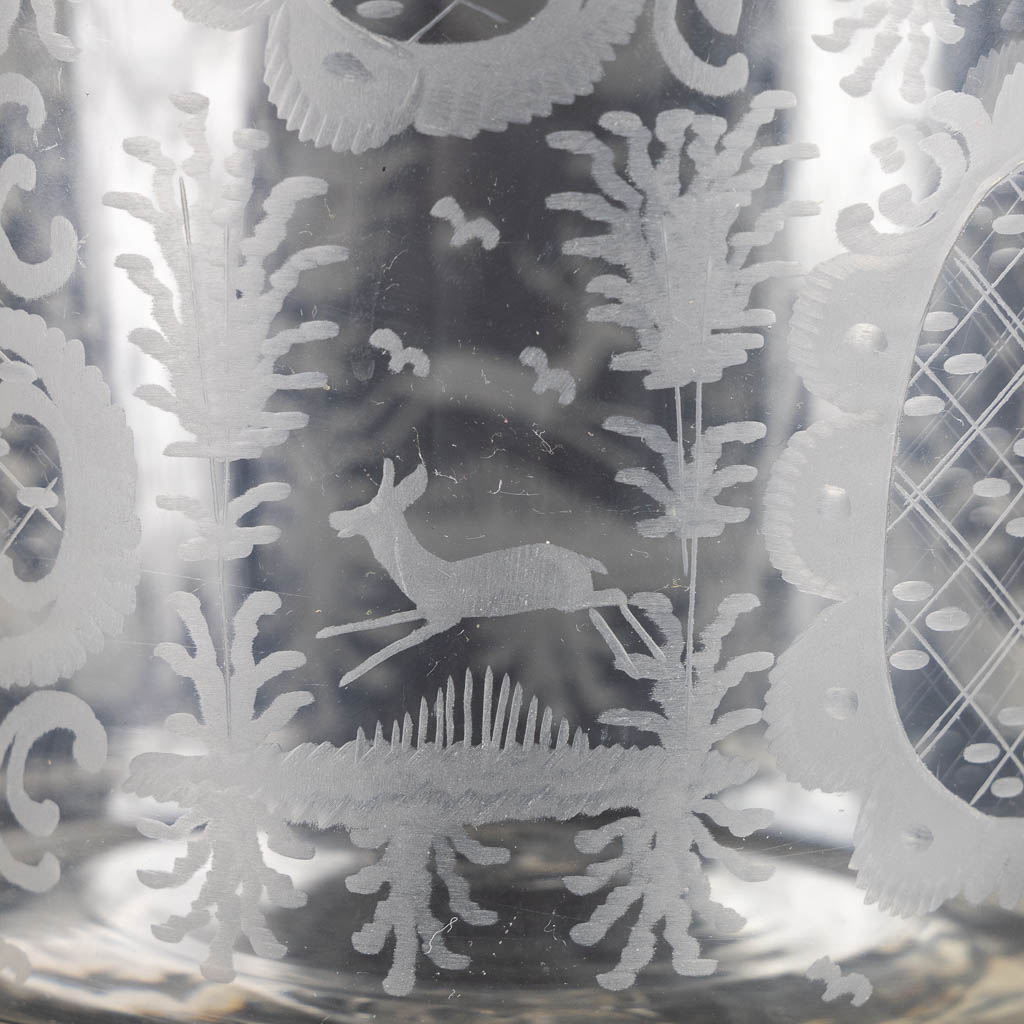 A large Bohemian, hand-made antique vase with etched fauna and flora scenes. 19th C. (H:25,5 x D:19, - Image 10 of 11