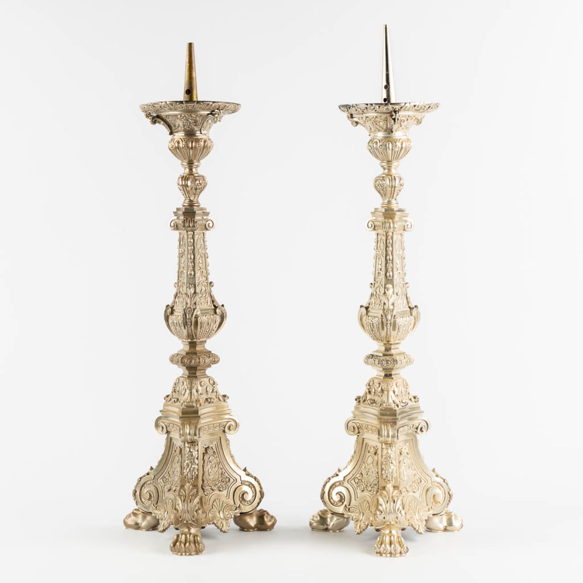 A pair of church candlesticks, silver-plated bronze. (L:24 x W:24 x H:78 cm) - Image 3 of 12