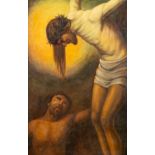 An antique painting 'Christ hanging from the cross' oil on canvas. (W:55 x H:86 cm)