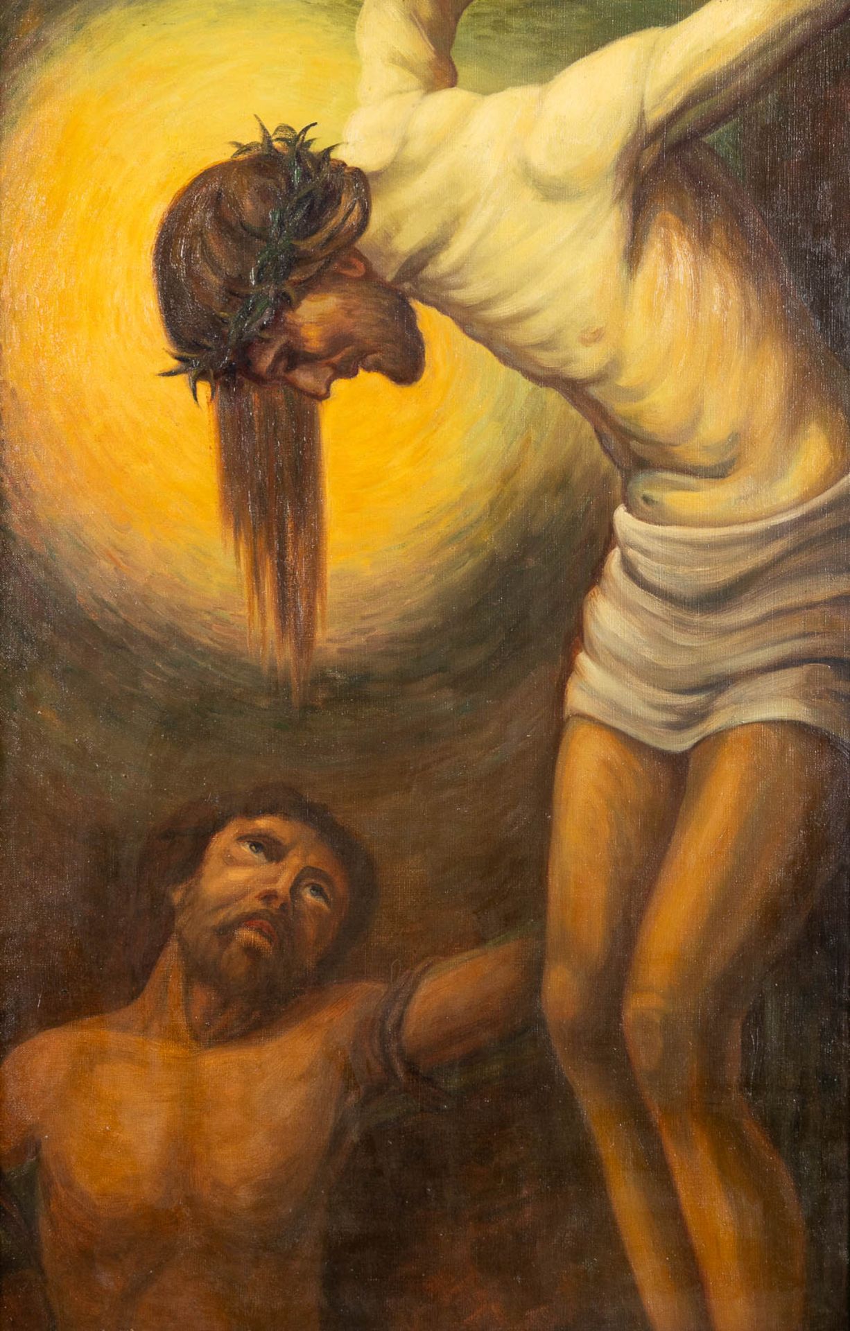An antique painting 'Christ hanging from the cross' oil on canvas. (W:55 x H:86 cm)