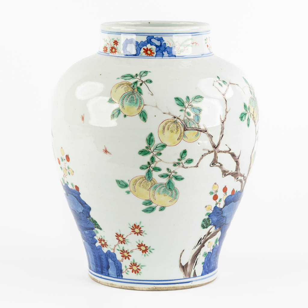 A Chinese pot, Wuchai decorated with growing fruits and blossoms. (H:31 x D:25 cm) - Image 3 of 11