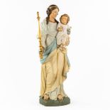 A 'Madonna with child' wood-sculptured and patinated wood. 19th C. (L:19 x W:28 x H:77 cm)