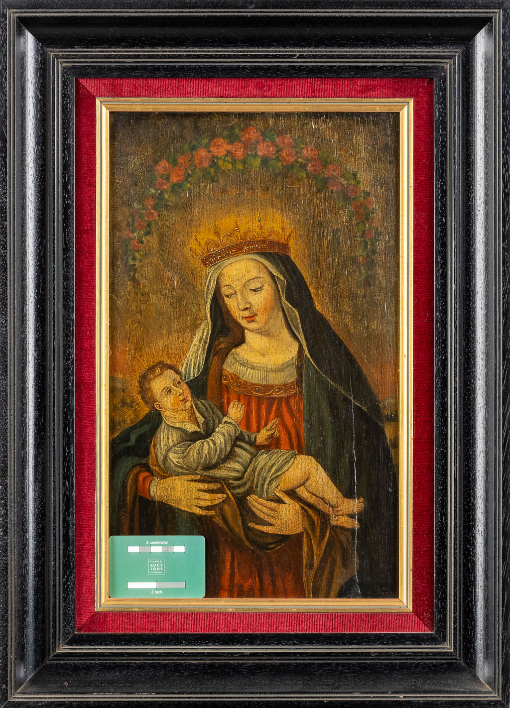 Madonna with child and roses, Oil on panel. 18th C. (W:27 x H:45 cm) - Image 2 of 6