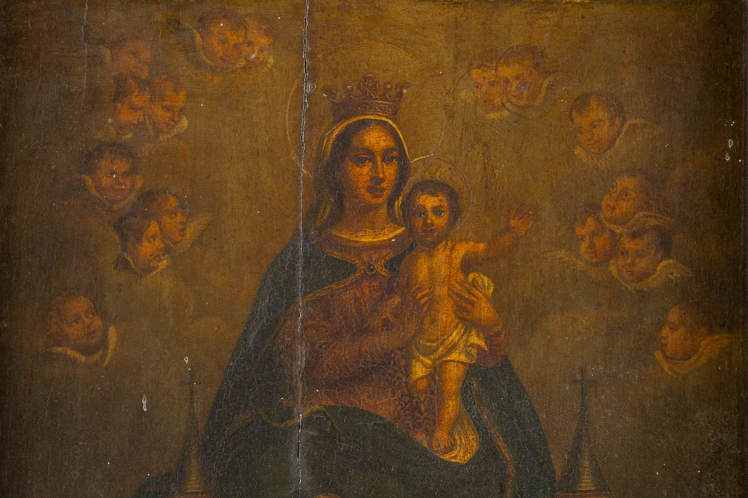 Madonna with a Child, seated on a castle supported by Angels, oil on panel. 18th C. (W:32 x H:45,5 c - Image 4 of 6