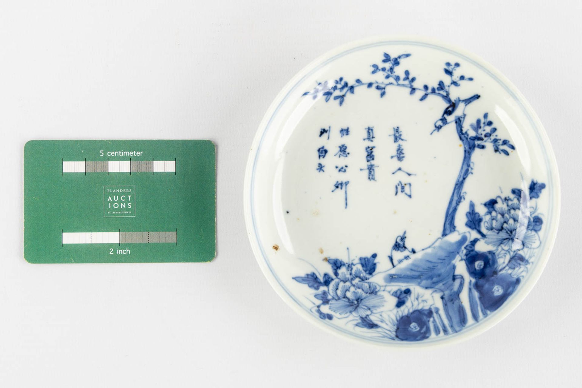 A Chinese plate, blue-white decor of fauna and flora. Kangxi mark. (H:3 x D:13,5 cm) - Image 2 of 7