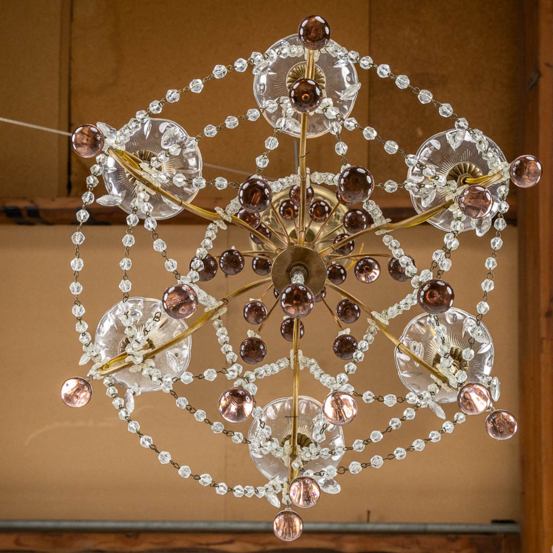 An attractive ceiling lamp, gilt metal and blue coloured glass. Circa 1940. (H:65 x D:44 cm) - Bild 8 aus 8