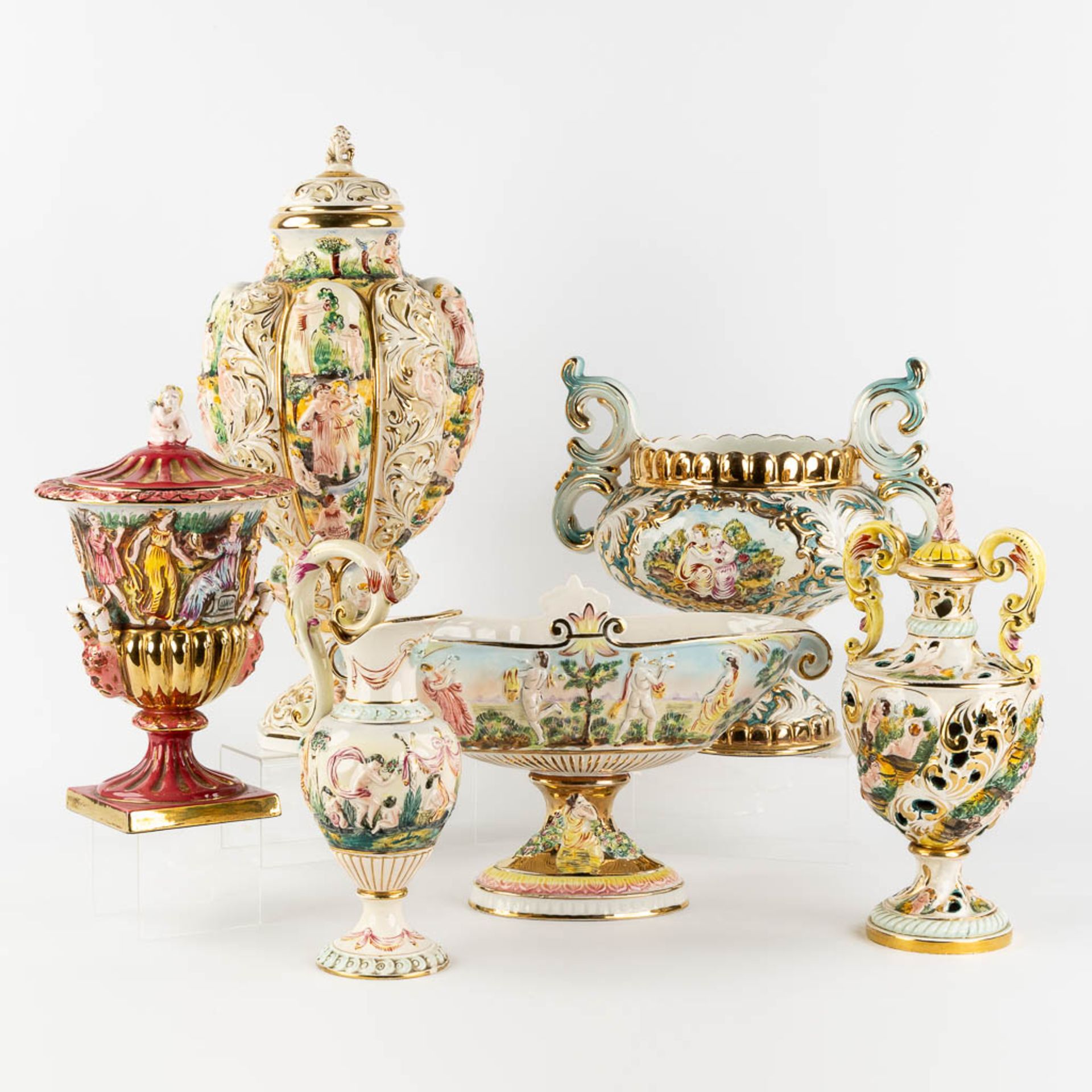 Six large bowls and vases, glazed faience, Capodimonte, Italy. (H:52 x D:23 cm)