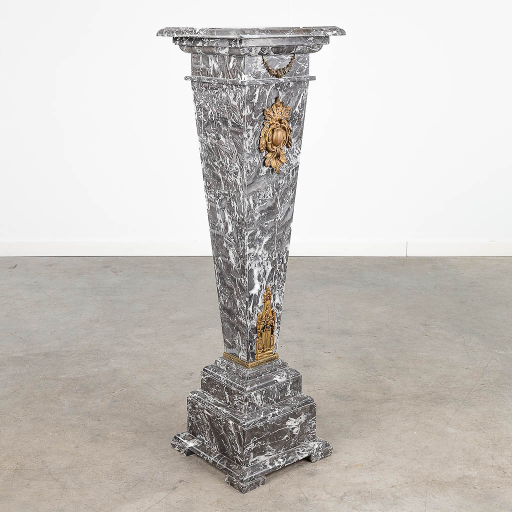 A pedestal, made of grey marble mounted with gilt bronze. (L:30 x W:30 x H:104 cm) - Image 3 of 11