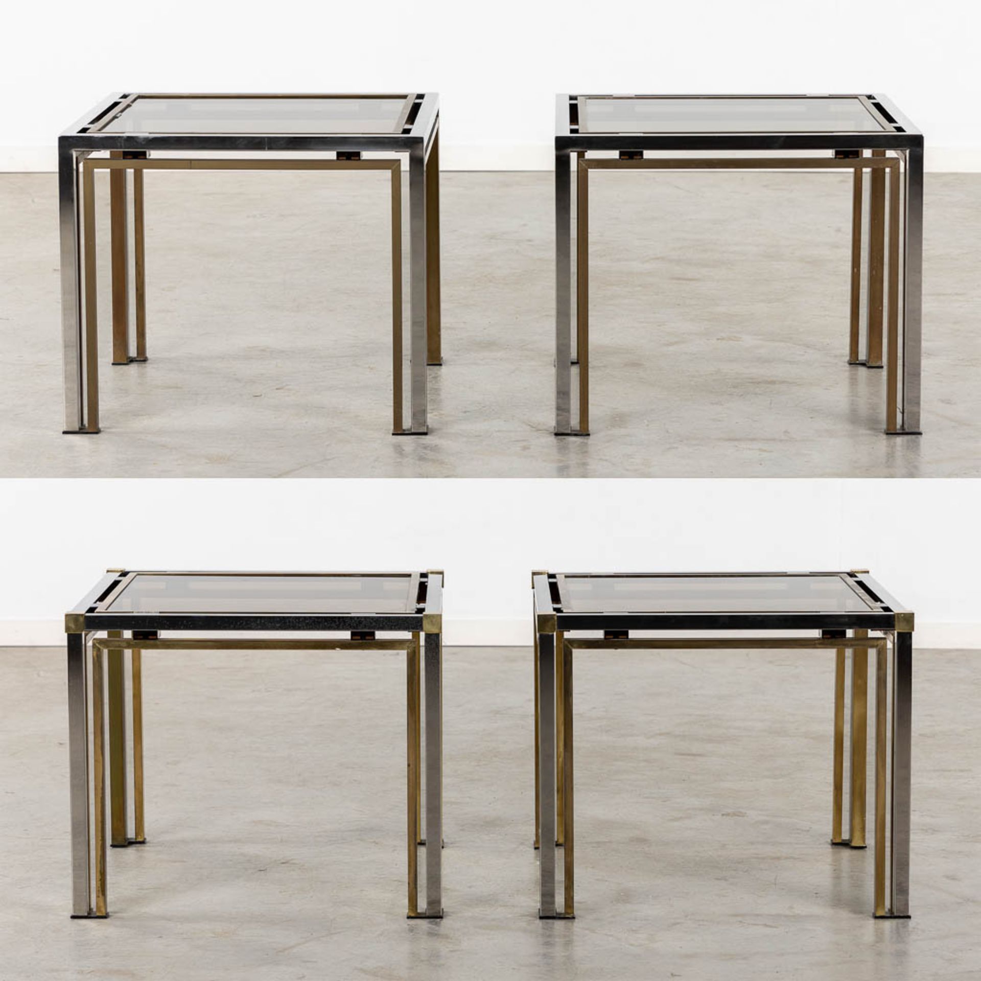 Four identical tables, brass and glass. Dewulf Selection / Belgo Chrome. (L:60 x W:60 x H:50 cm)