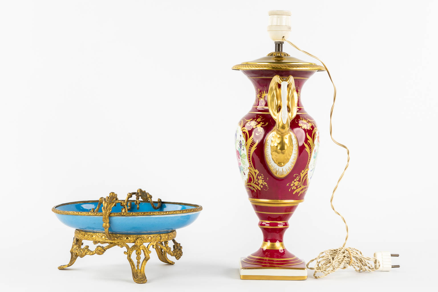 Limoges and Sèvres marks, a lamp base and a tazza with a hand-painted flower decor. (H:40 cm) - Image 4 of 14