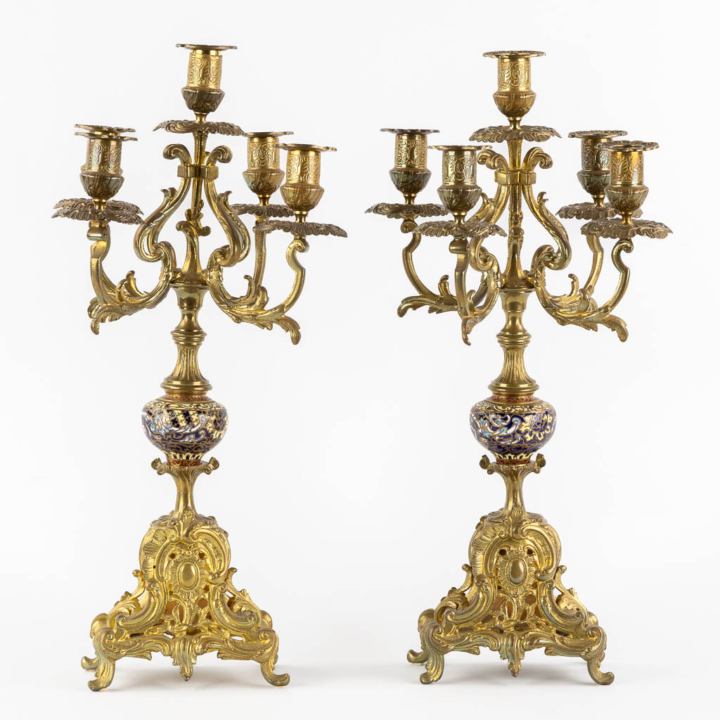 Two pairs of candelabra, bronze and cloisonné, Empire and Louis XVI style. (H:49 x D:26 cm) - Image 5 of 18