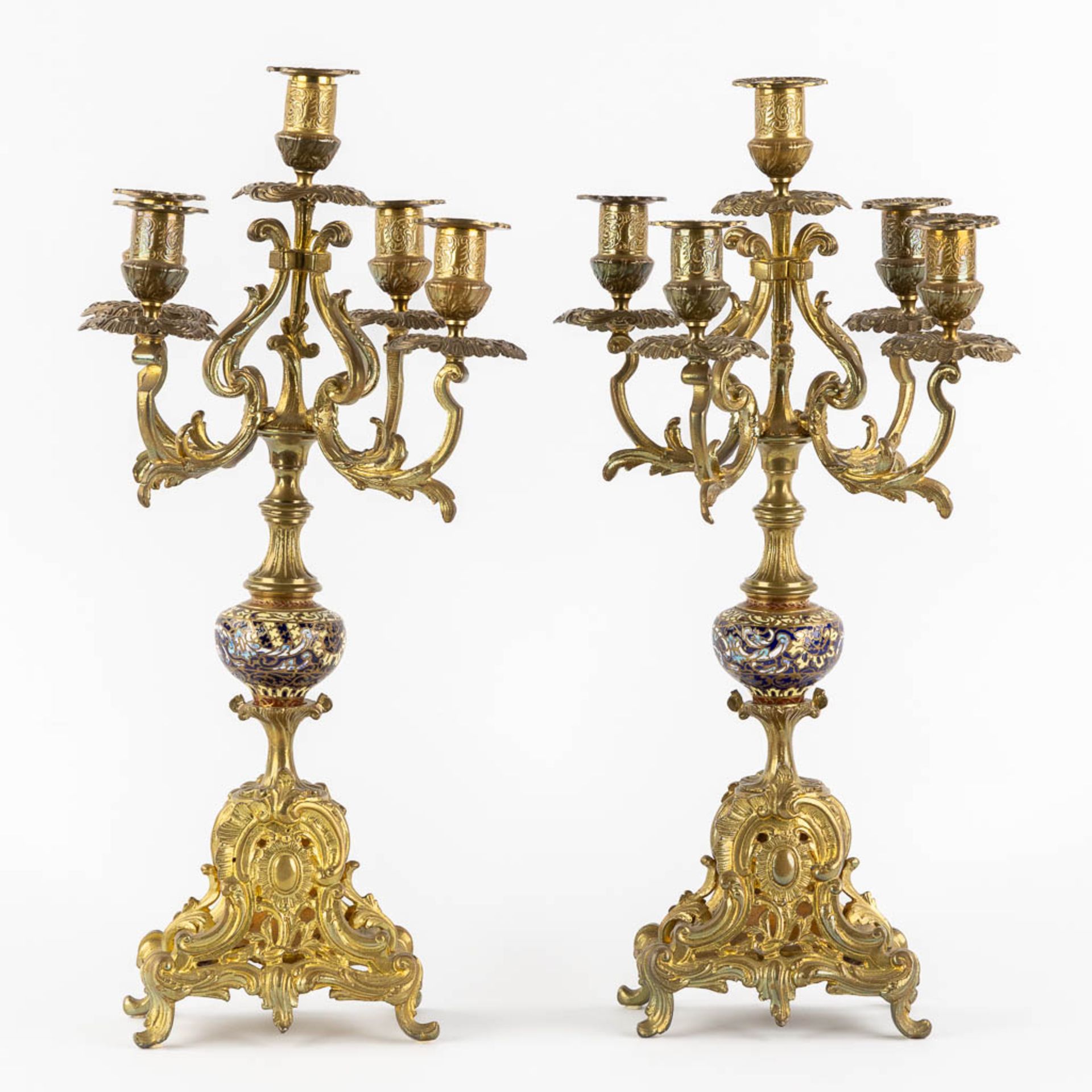 Two pairs of candelabra, bronze and cloisonné, Empire and Louis XVI style. (H:49 x D:26 cm) - Bild 5 aus 18