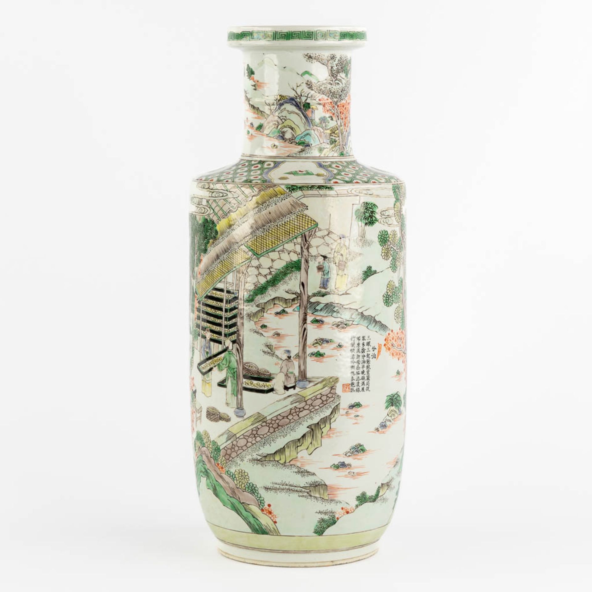 A Chinese Famille Verte 'Roulleau' vase with scènes of rice production. (H:46 x D:18 cm) - Image 5 of 13