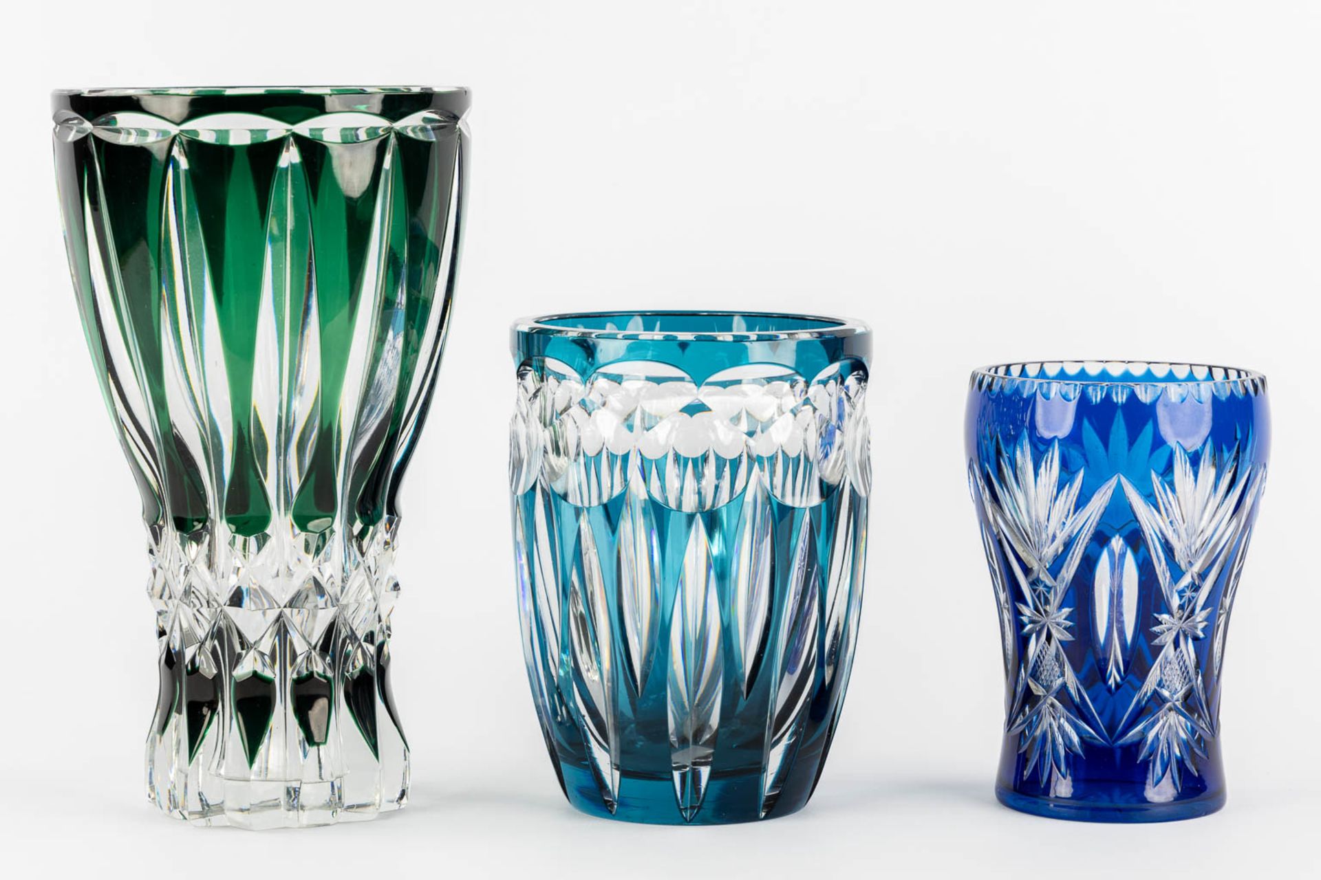 Three cut and coloured crystal vases, the largest signed Val Saint Lambert. (H:28 x D:16 cm) - Image 6 of 9