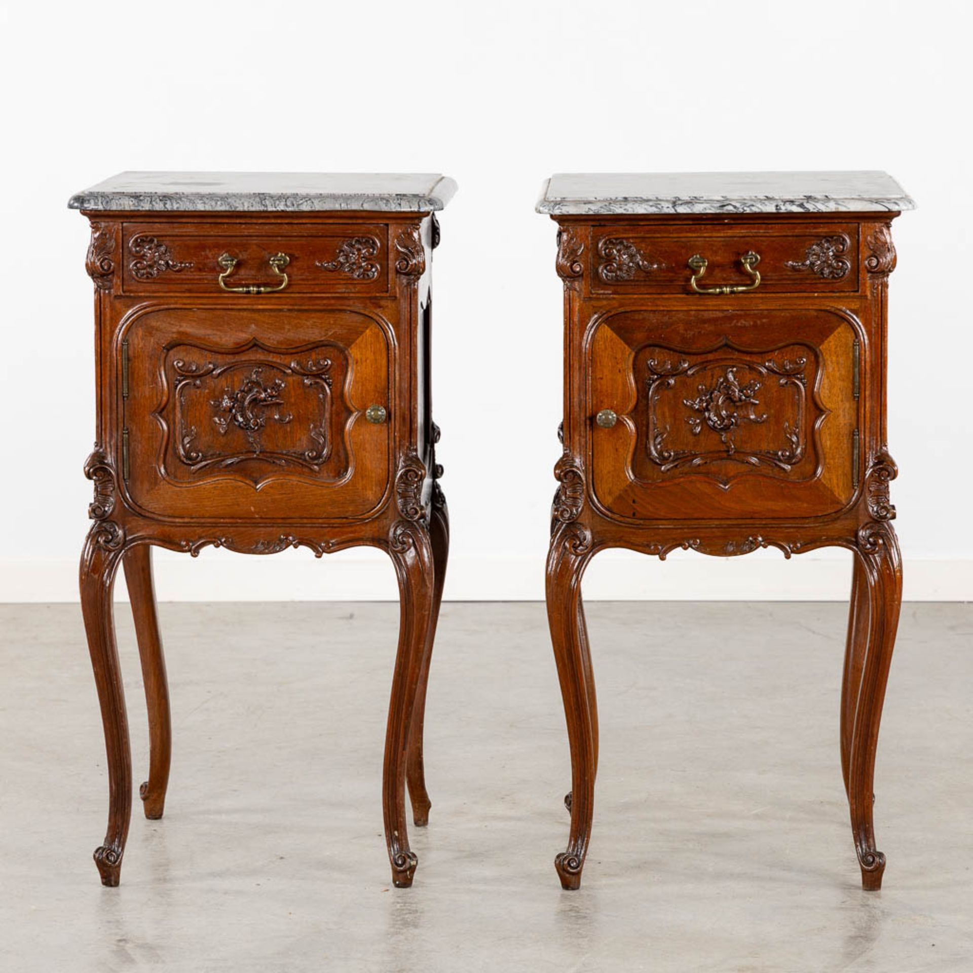 A pair of nightstands, Louis XV style with a marble top. (L:44 x W:44 x H:83 cm) - Image 3 of 12