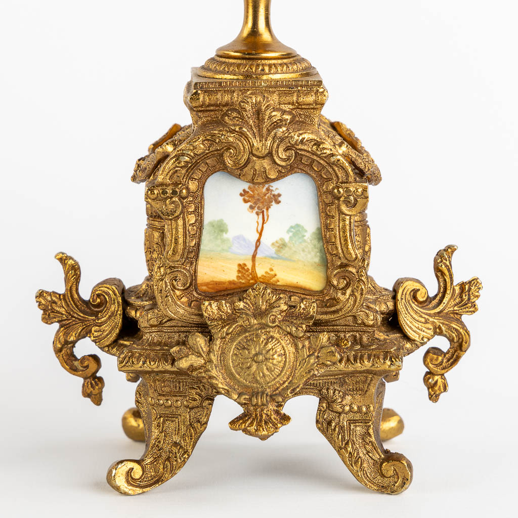 A three-piece mantle garniture clock and side pieces, bronze mounted with porcelain. (L:12 x W:20 x - Image 8 of 18