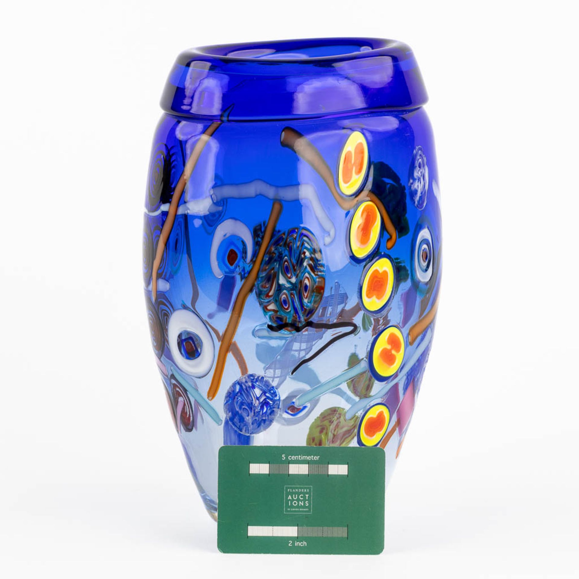 A mid-century vase with colorfull decor, Murano, Italy. 20th C. (L:13 x W:16 x H:25 cm) - Image 2 of 11