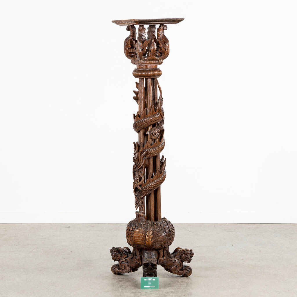 A Oriental hardwood pedestal with a sculptured dragon. (W:42 x H:125 cm) - Image 2 of 13