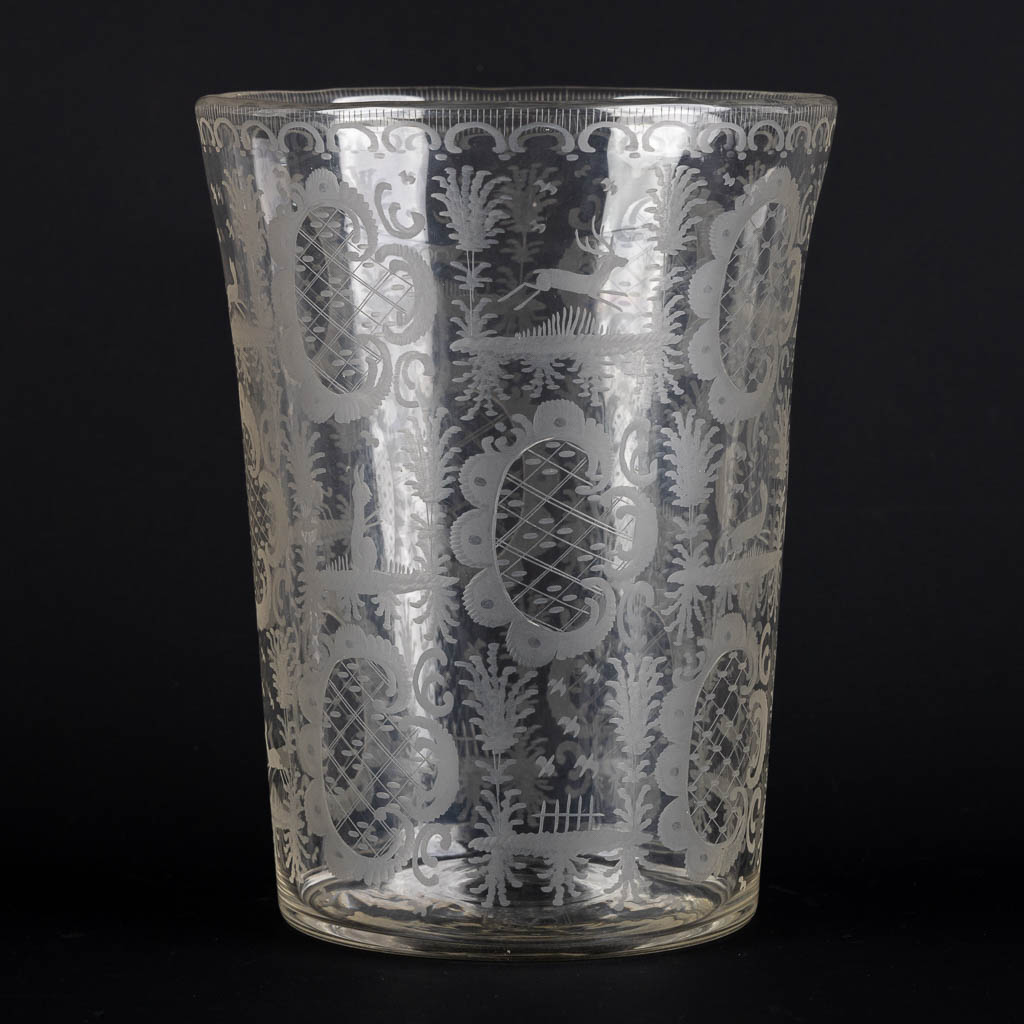 A large Bohemian, hand-made antique vase with etched fauna and flora scenes. 19th C. (H:25,5 x D:19, - Image 5 of 11