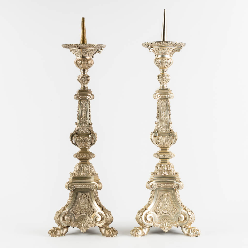 A pair of church candlesticks, silver-plated bronze. (L:24 x W:24 x H:78 cm) - Image 5 of 12