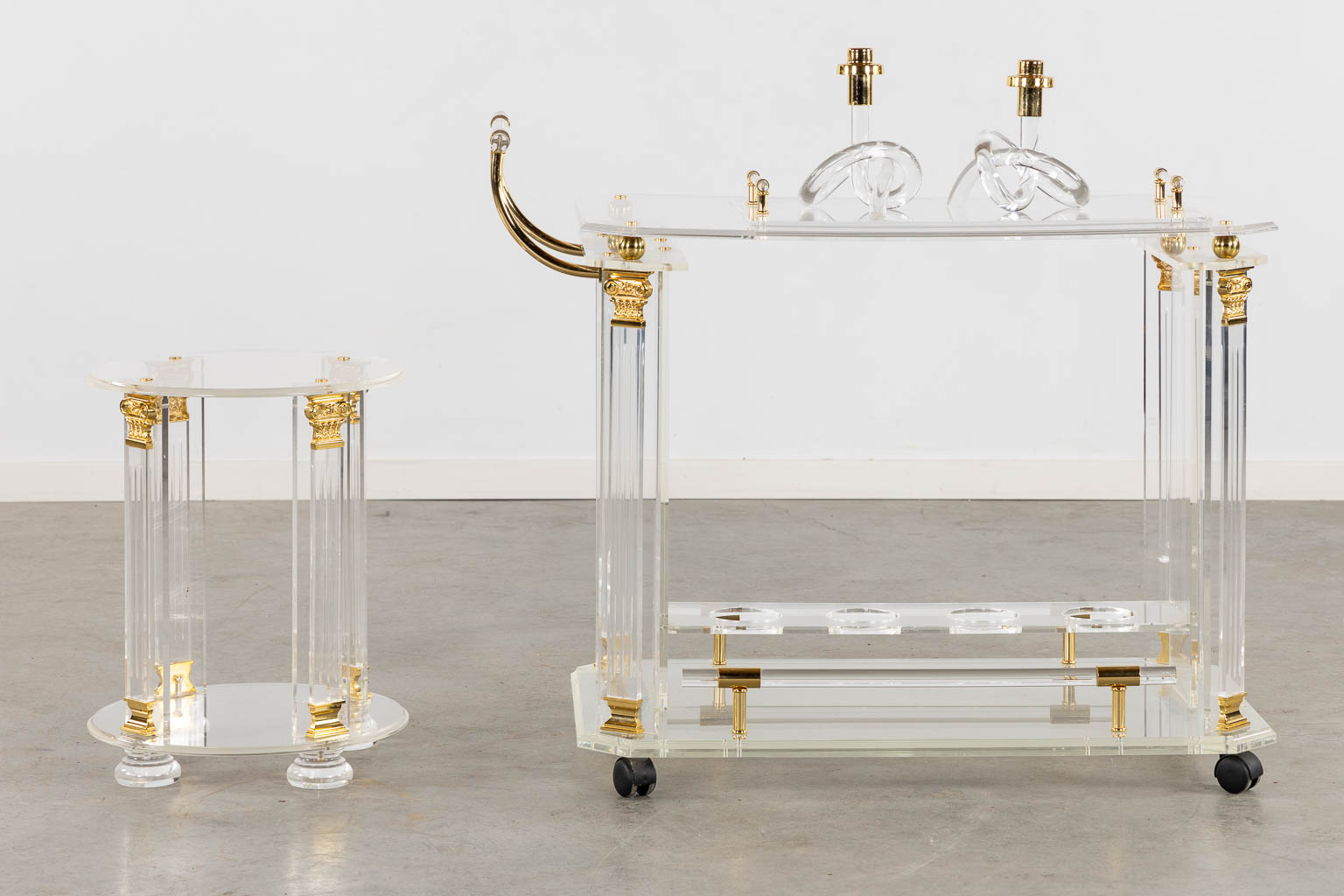 A Hollywood Regency style bar cart, side table and two candelabra. (L:52 x W:97 x H:80 cm) - Image 3 of 13