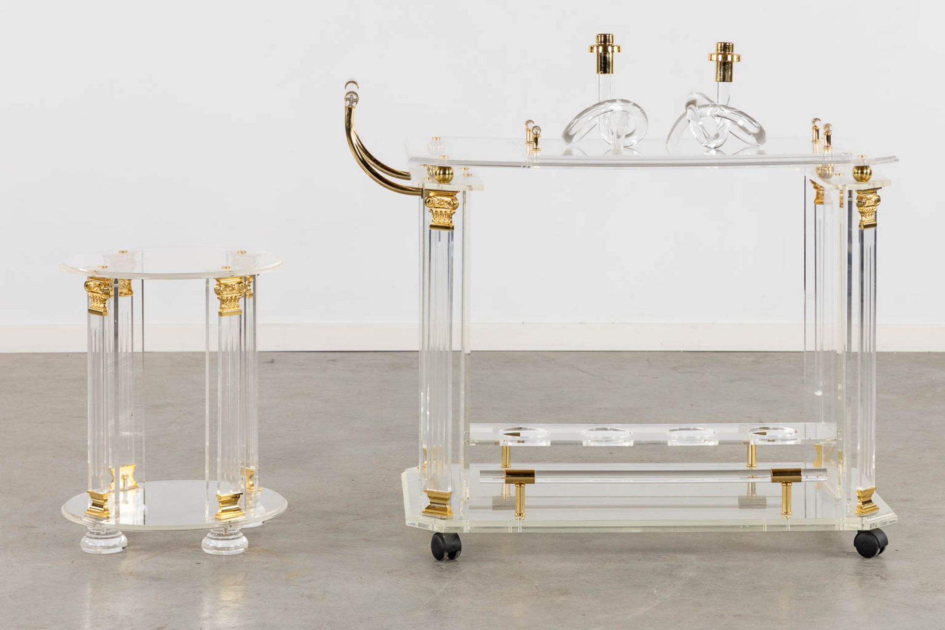 A Hollywood Regency style bar cart, side table and two candelabra. (L:52 x W:97 x H:80 cm) - Image 3 of 13