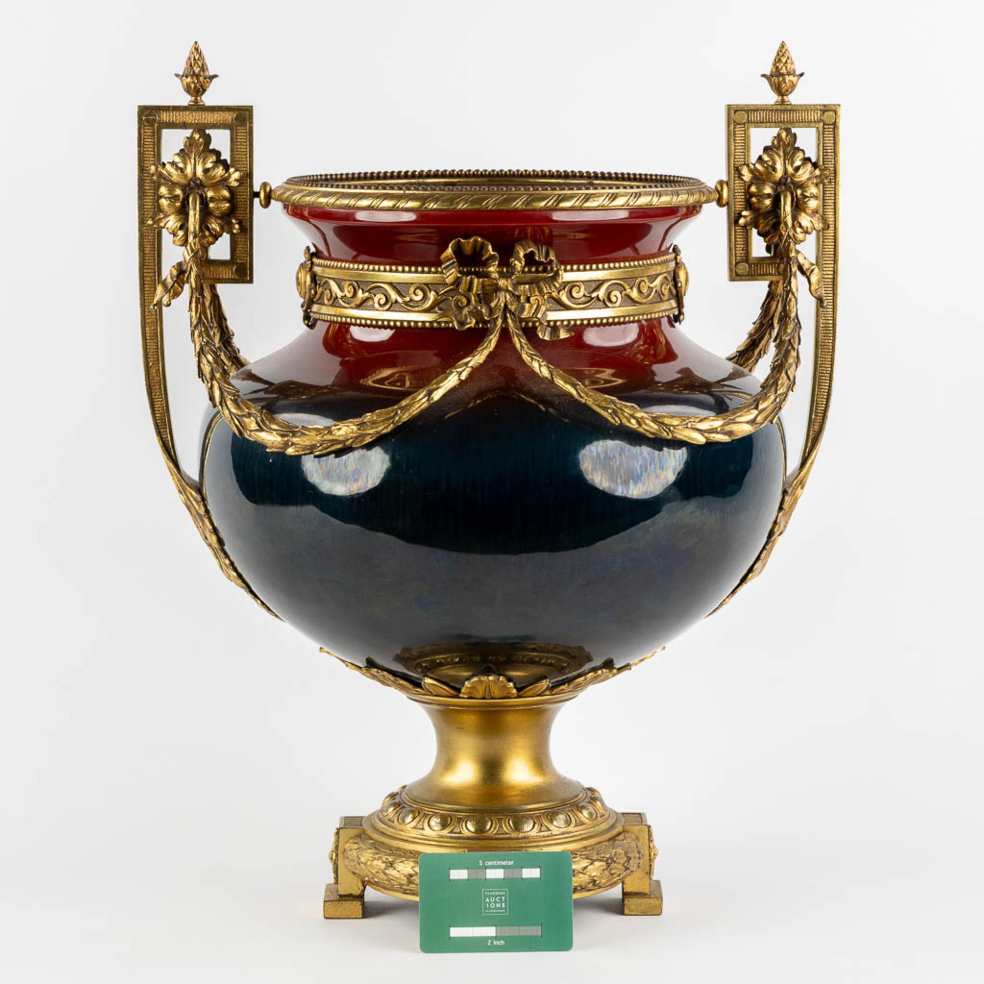 A large faience vase mounted with gilt bronze in Louis XV style. Circa 1900. (L:34 x W:40 x H:50 cm) - Image 2 of 12
