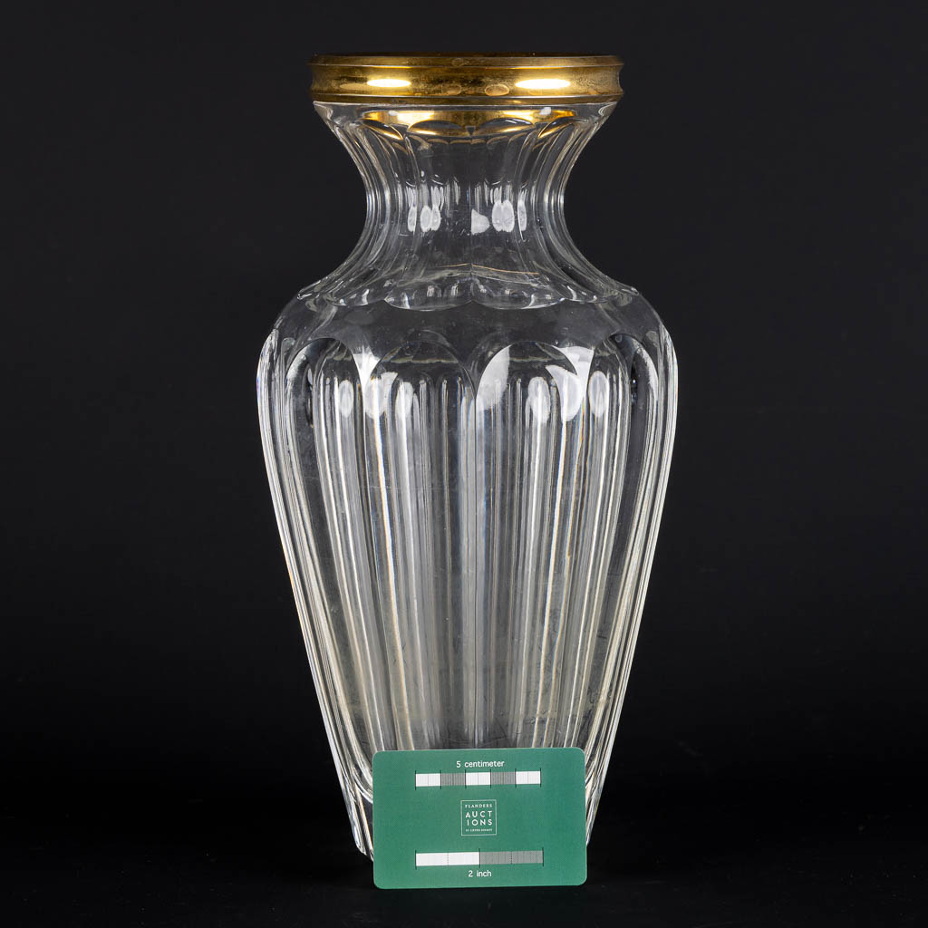 A crystal vase with a gold-plated silver ring by Wolfers Frères. A835. (H:33 x D:15,5 cm) - Image 2 of 9