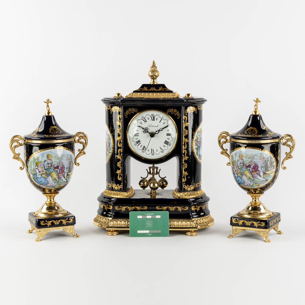 A.Rotondo, A three-piece mantle garniture clock, in the style of Limoges and A.C.F. (L:16 x W:25,5 x - Image 2 of 12