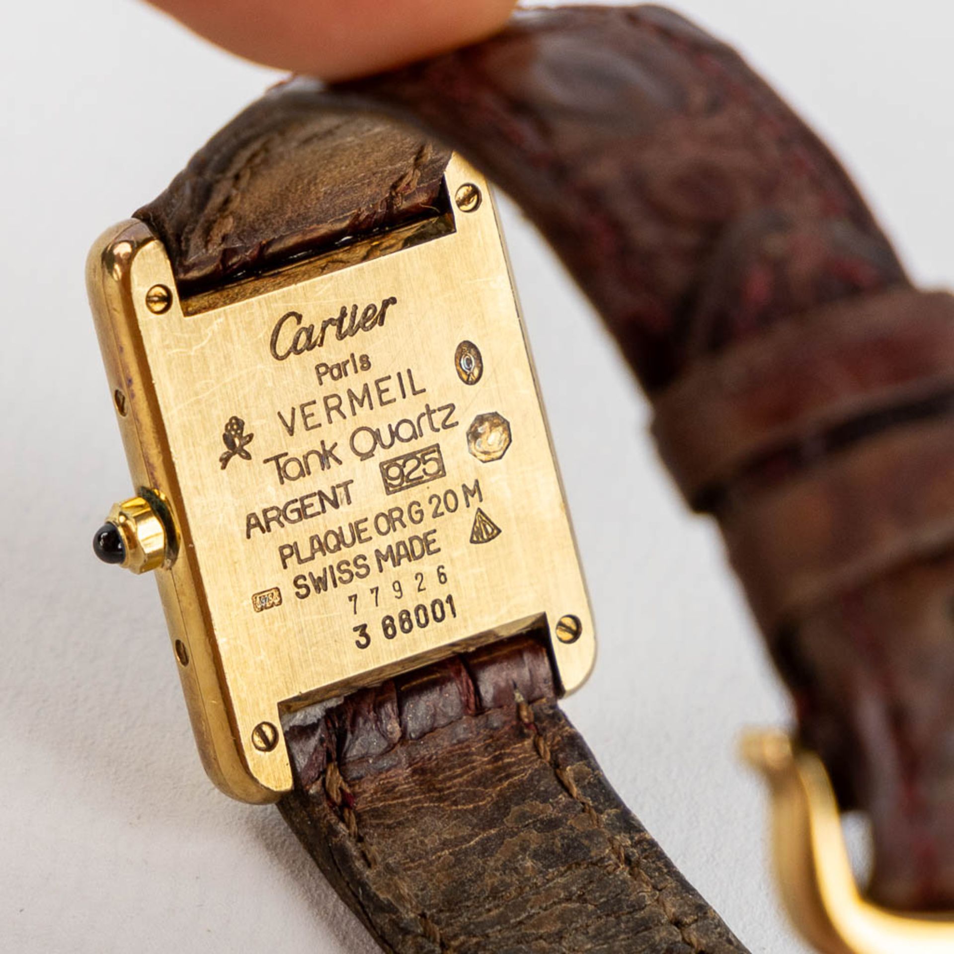 Cartier Tank Quartz, vermeil case with a burgundy dial. (W:2,1 x H:2,8 cm) - Image 8 of 8