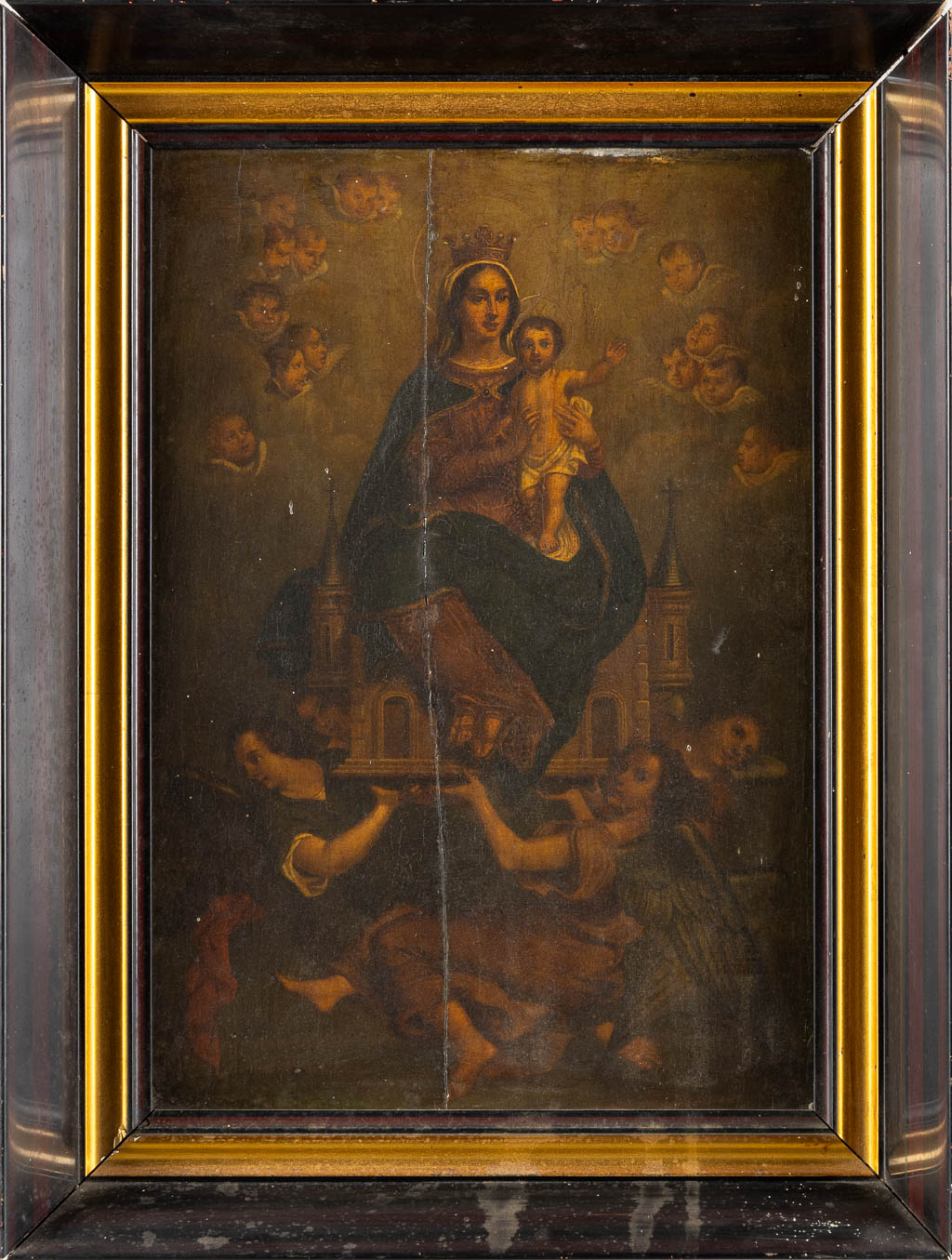 Madonna with a Child, seated on a castle supported by Angels, oil on panel. 18th C. (W:32 x H:45,5 c - Image 3 of 6