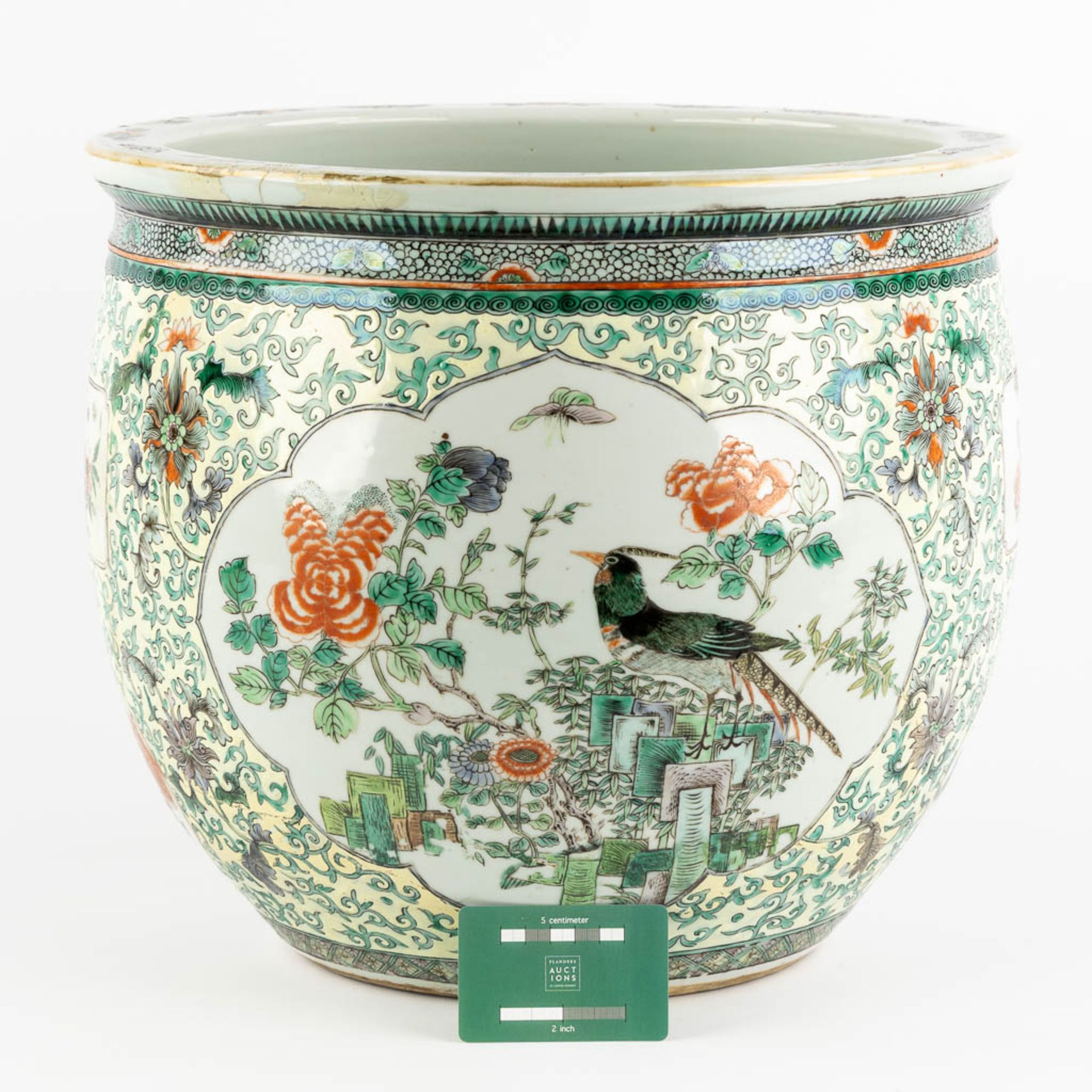 A Large Chinese Cache-Pot, Famille Verte decorated with fauna and flora. 19th C. (H:35 x D:40 cm) - Image 2 of 14