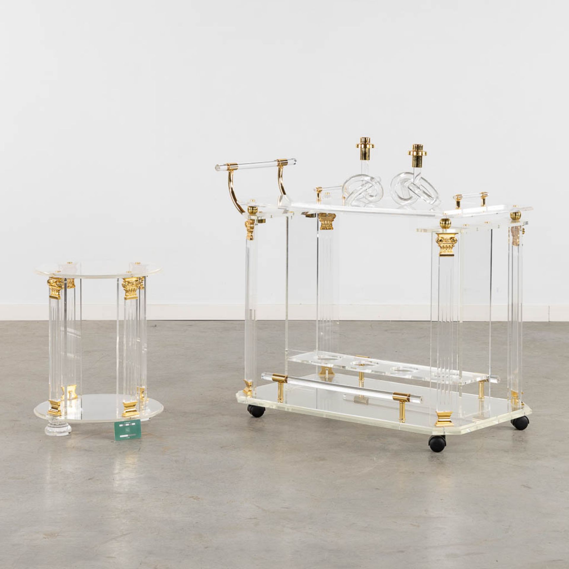 A Hollywood Regency style bar cart, side table and two candelabra. (L:52 x W:97 x H:80 cm) - Image 2 of 13