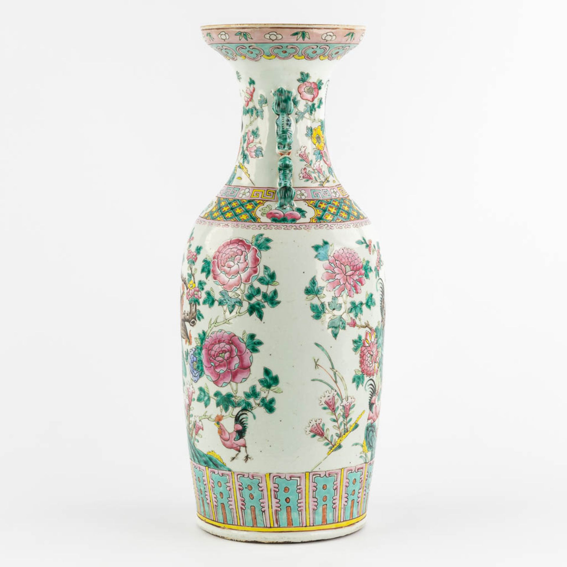 A large Chinese Famille Rose vase decorated with Chicken and Flora. (H:59 x D:23 cm) - Image 4 of 11